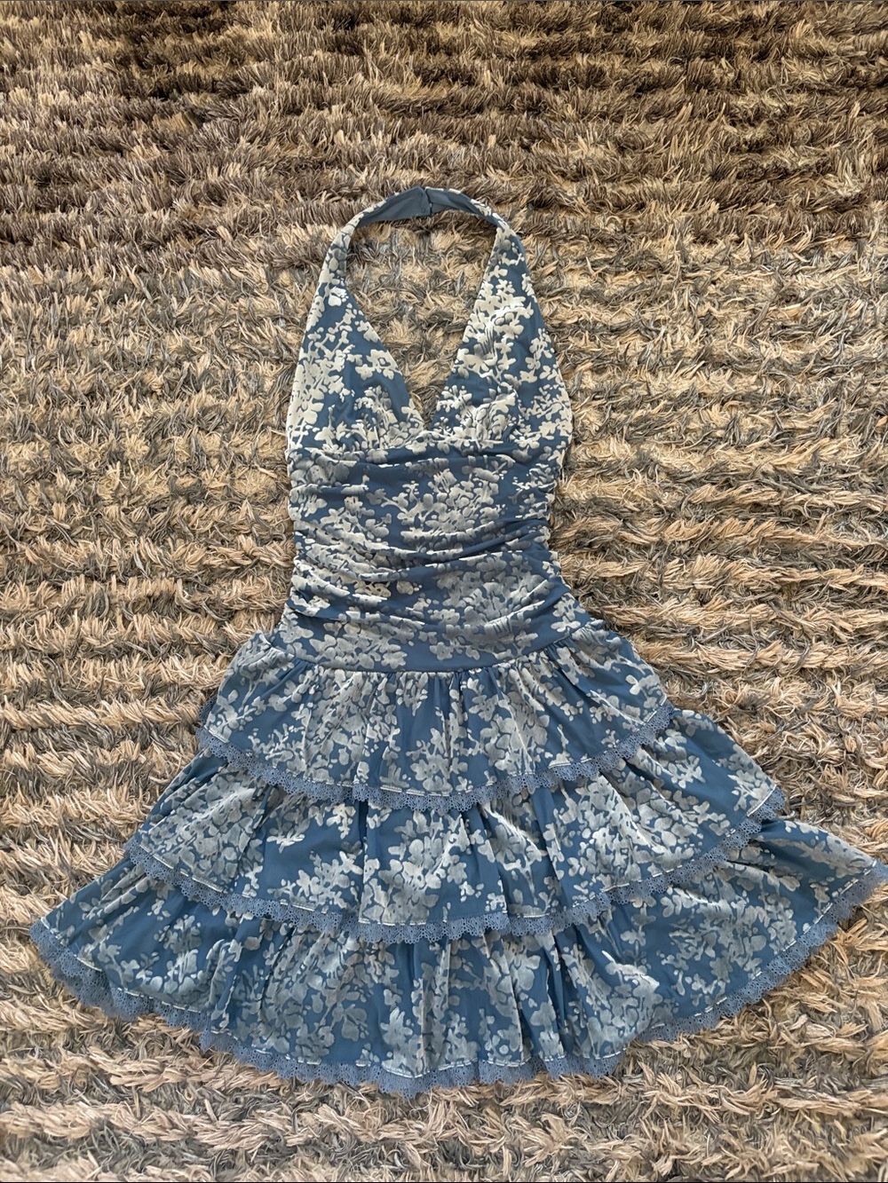 Blue Devore Velvet Floral Halter Tiered Ruffle Dress XS NWOT